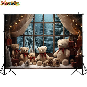 Christmas Bear Toy Photography Backdrops Baby Kids Portrait Photocall Xmas Windowsill Winter Snow Forest Background Decor Props acacuss