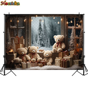 Christmas Bear Toy Photography Backdrops Baby Kids Portrait Photocall Xmas Windowsill Winter Snow Forest Background Decor Props acacuss