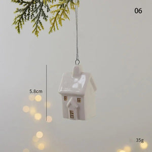Christmas Ceramic House Pendant Hollow out Snow House Christmas Tree Charms Decoration Happy New Year Decoration Gifts acacuss