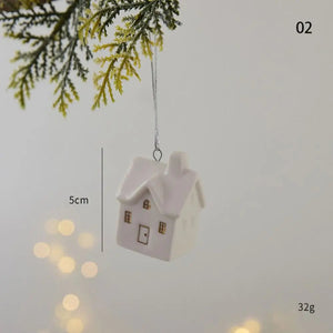 Christmas Ceramic House Pendant Hollow out Snow House Christmas Tree Charms Decoration Happy New Year Decoration Gifts acacuss