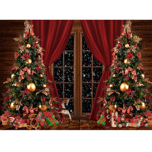 Christmas Photography Backdrop Photocall Window Tree Gift Baby Portrait Party Decor Background Photographic Photo Studio acacuss