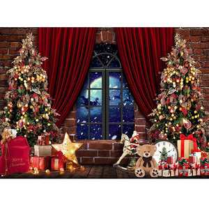 Christmas Photography Backdrop Photocall Window Tree Gift Baby Portrait Party Decor Background Photographic Photo Studio acacuss