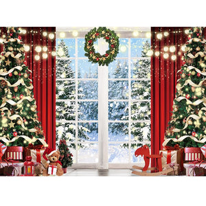 Christmas Photography Backdrop Photocall Window Tree Gift Baby Portrait Party Decor Background Photographic Photo Studio acacuss