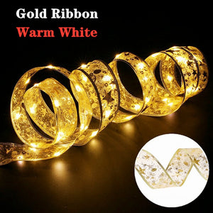 Christmas Ribbon Fairy Light Christmas Decoration DIY Bows String Light Tree Ornaments For Home 2023 Xmas Decor New Year Navidad acacuss