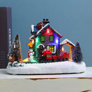 Christmas Small Train Village, Snow House, Luminous Resin Ornament, Color LED Light, Music Landscape, Tabletop Decor, Gifts acacuss