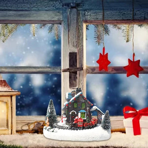 Christmas Small Train Village, Snow House, Luminous Resin Ornament, Color LED Light, Music Landscape, Tabletop Decor, Gifts acacuss