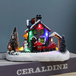 Christmas Small Train Village, Snow House, Luminous Resin Ornament, Color LED Light, Music Landscape, Tabletop Decor, Gifts acacuss