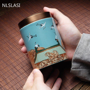 Classic Ceramic Tea Caddy Travel Portable Round Shape Tea Can Spice Tea Boxes Candy Storage Tank Coffee Cani Moisture-proof Jar acacuss