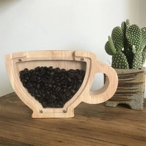Creative Wooden Teacup Shape Piggy Bank Decoration Coffee Shop Coffee Bean Decoration Storage Tank Tip Jar Home Decor acacuss