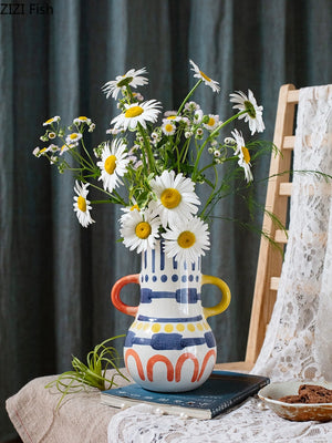 Creative ceramic vase Abstract color graffiti handle Handmade Art flower vase Ceramic handicraft ornaments Home Decoration acacuss