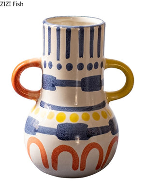 Creative ceramic vase Abstract color graffiti handle Handmade Art flower vase Ceramic handicraft ornaments Home Decoration acacuss