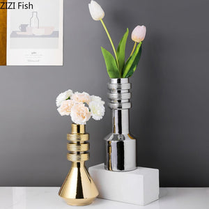 Creativity Gold Silver Screw Geometric Abstract Ceramic Handicraft Ornaments Vases Stripe Nut Home Decoration Flower Arrangement acacuss