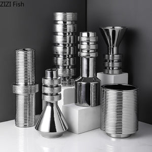 Creativity Gold Silver Screw Geometric Abstract Ceramic Handicraft Ornaments Vases Stripe Nut Home Decoration Flower Arrangement acacuss