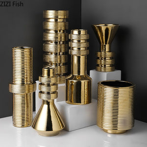 Creativity Gold Silver Screw Geometric Abstract Ceramic Handicraft Ornaments Vases Stripe Nut Home Decoration Flower Arrangement acacuss