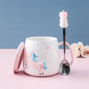 Cute Unicorn Coffee Mug with Lid and Spoon for Breakfast Milk Tea Drinking Ceramic Tea Cup Gift for Girls Pink 350ml acacuss