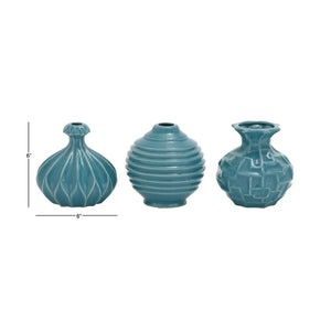 DecMode 6"W, 6"H Blue Ceramic Vase with Varying Patterns, Set of 3 acacuss
