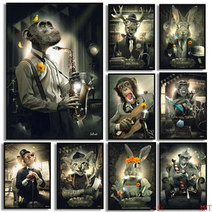 Deer Rabbit Gorilla jazz monkey Cat smoking Canvas painting Animal Posters and Prints Modern Wall Art Picture for Bathroom Decor acacuss