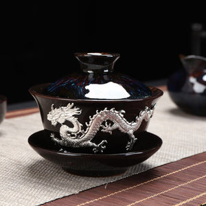 Dragon Silver Inlaid Tea Tureen Hand Made Household Tea Drinkware Bowl Kiln Change With Gold Dragon Gaiwan acacuss