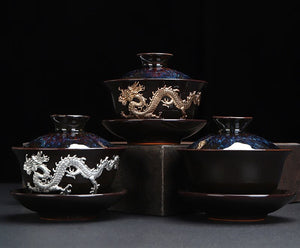 Dragon Silver Inlaid Tea Tureen Hand Made Household Tea Drinkware Bowl Kiln Change With Gold Dragon Gaiwan acacuss