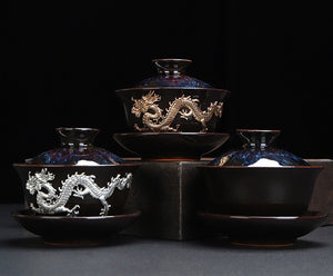 Dragon Silver Inlaid Tea Tureen Hand Made Household Tea Drinkware Bowl Kiln Change With Gold Dragon Gaiwan acacuss