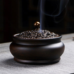 Ebony Incense Burner Home Indoor Coil Incense Burner Retro Zen Backflow Incense Burner Pure Copper Lid Wooden Incense Burner acacuss
