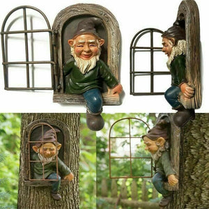 Elf Out The Door /Window Tree Hugger Naughty Garden Gnome Statue Tree Decor acacuss