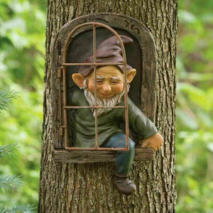Elf Out The Door /Window Tree Hugger Naughty Garden Gnome Statue Tree Decor acacuss