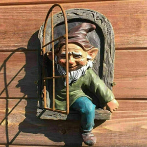 Elf Out The Door /Window Tree Hugger Naughty Garden Gnome Statue Tree Decor acacuss
