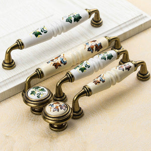 Garden Ceramic Furniture Kitchen Cabinet Drawer Handle, Flower Green Leaf Pattern Wardrobe Locker, Bedside Table Knob acacuss