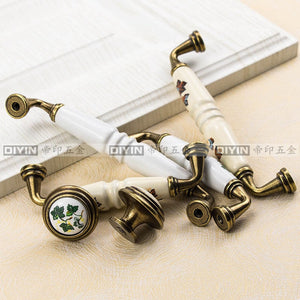 Garden Ceramic Furniture Kitchen Cabinet Drawer Handle, Flower Green Leaf Pattern Wardrobe Locker, Bedside Table Knob acacuss