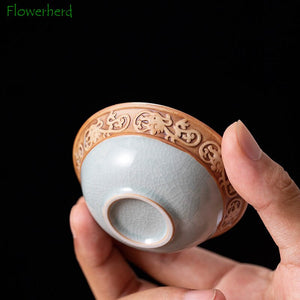Ge Kiln Tea Set Gift Box Teaware Creative Ceramic Relief Dragon Kettle Festival Wooden Box Set of Business Gifts Kung Fu Tea Set acacuss