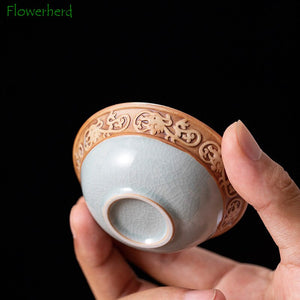 Ge Kiln Tea Set Gift Box Teaware Creative Ceramic Relief Dragon Kettle Festival Wooden Box Set of Business Gifts Kung Fu Tea Set acacuss