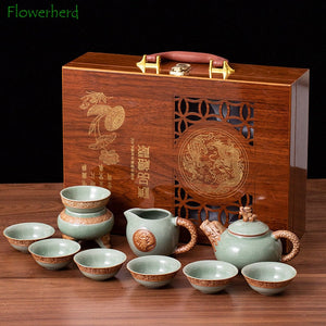 Ge Kiln Tea Set Gift Box Teaware Creative Ceramic Relief Dragon Kettle Festival Wooden Box Set of Business Gifts Kung Fu Tea Set acacuss