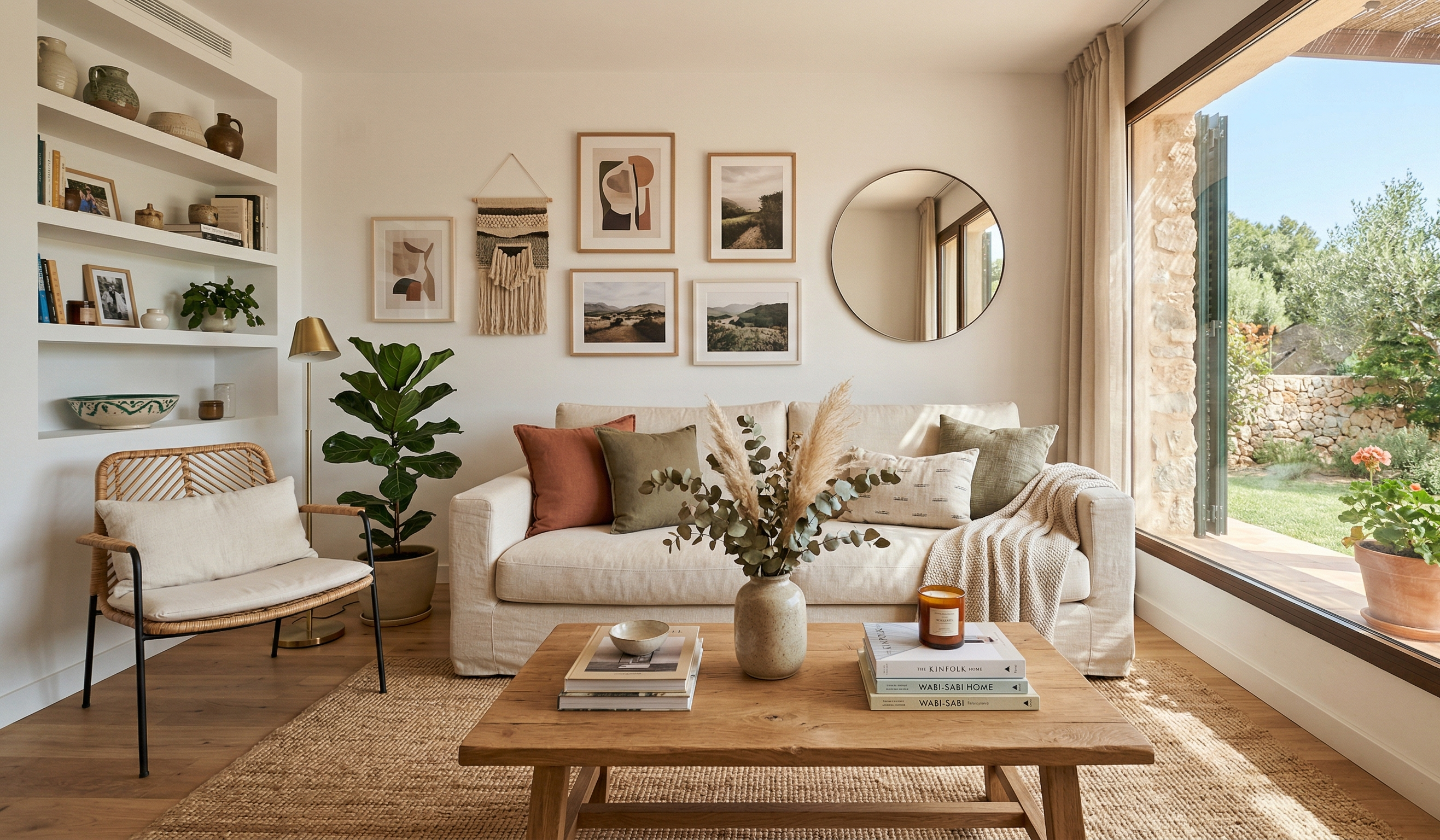 Cozy living room with a beige sofa, wooden coffee table, and decorative elements.