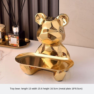 Geometric shape ceramic electroplating statue bear with piggy bank tray, candy, cosmetic storage box, display shelf decoration. acacuss