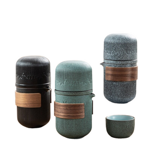 Glass Kuai Ke Cup One Pot Four Cups Portable Travel Tea Set with Bag | Bluestone Glaze Striped Quick Guest Cup | Four Cups Ceramic - acacuss