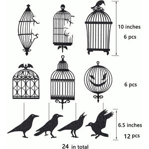 Glitter Black Crow Cage Halloween Party Decorations for Gothic Halloween Tree Hanging Decorations Raven Bird Cage Banner Garland acacuss