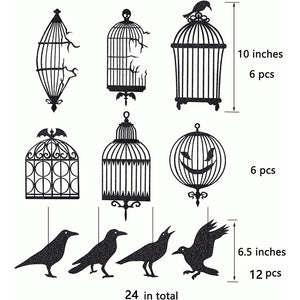 Glitter Black Crow Cage Halloween Party Decorations for Gothic Halloween Tree Hanging Decorations Raven Bird Cage Banner Garland acacuss