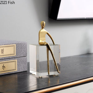 Golden Metal Portrait Statue Desktop Decor Ornaments Abstract Figures with Crystal Base Crafts Figurines Nordic Home Decoration acacuss
