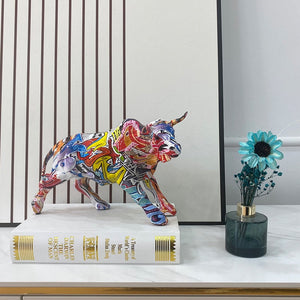 Graffiti Painting Resin Bull Figurines Home Living Room Bedroom Office Desktop Feng Shui Ornaments Collection Statues acacuss