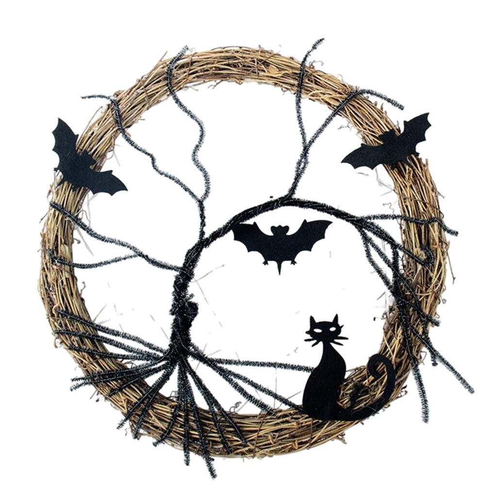 Couronne d'Halloween, accessoire lumineux, ornements, chat chauve-souris noir, couronne de fête effrayante avec guirlande lumineuse pour mur de porte d'entrée