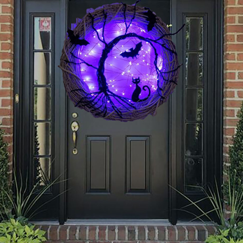 Couronne d'Halloween, accessoire lumineux, ornements, chat chauve-souris noir, couronne de fête effrayante avec guirlande lumineuse pour mur de porte d'entrée