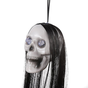 Halloween Hanging Ghost Skeleton Head with Long Hair Red Blinking Eyes Horror Haunted House Props Home Outdoor Party Decorations acacuss