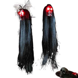 Halloween Hanging Ghost Skeleton Head with Long Hair Red Blinking Eyes Horror Haunted House Props Home Outdoor Party Decorations acacuss