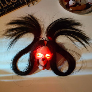 Halloween Hanging Ghost Skeleton Head with Long Hair Red Blinking Eyes Horror Haunted House Props Home Outdoor Party Decorations acacuss