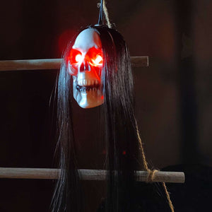 Halloween Hanging Ghost Skull with Long Hair Glowing Eyes Terror Skull Ghost House Head Skeleton Props 2023 Halloween Decoration acacuss