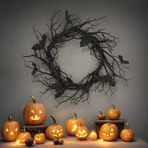 Halloween Wreath Bat Black Branch Wreaths With Red LED Light 45CM Wreaths For Doors Window Flower Garland Halloween Decoration acacuss