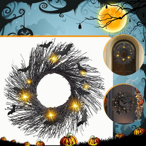 Halloween Wreath For Front Door Illuminated Christmas Garland Black Bat Rattan Wreath Halloween Decorations For Home Party Props acacuss
