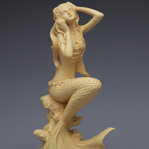 Hand carved wooden mermaid statue,Modern art sculpture, Cute home decoration accessories,Solid wood figurines acacuss