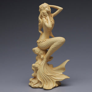 Hand carved wooden mermaid statue,Modern art sculpture, Cute home decoration accessories,Solid wood figurines acacuss